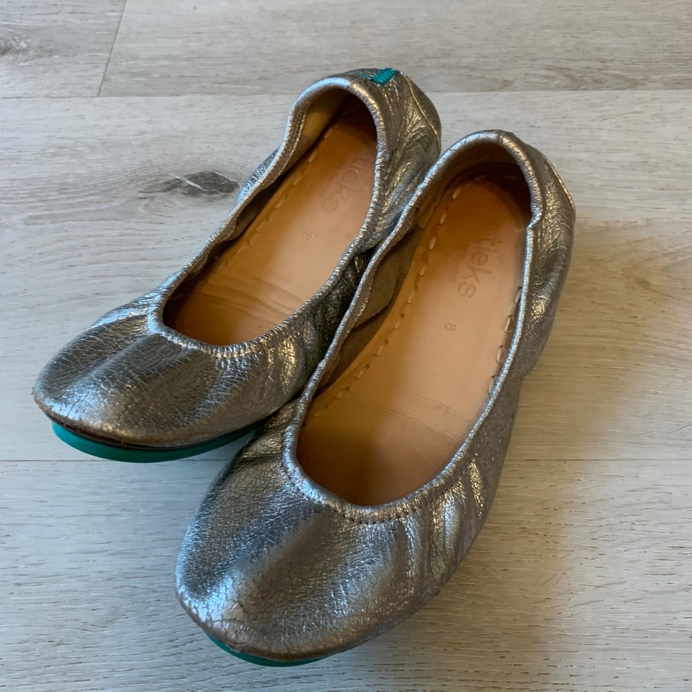 Tieks by Gavrieli Metallic Silver Leather Ballet Flats Turquoise Sole Womens 8